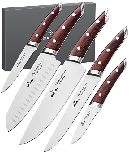 Brewin CHEFILOSOPHI 5-Piece Japanese Chef Knife Set with Red Pakkawood Handles