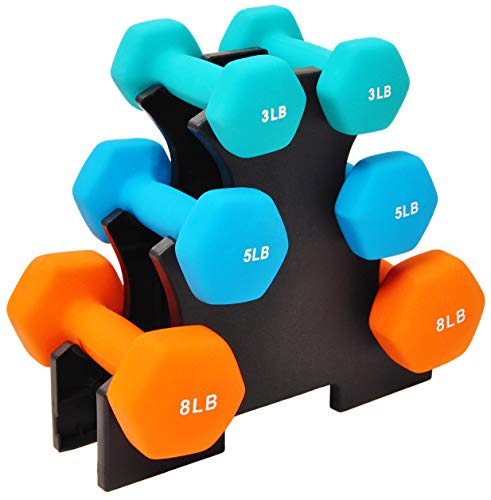 Fitvids Set of 6 Neoprene Dumbbell Hand Weights (3/5/8 lbs) with Rack