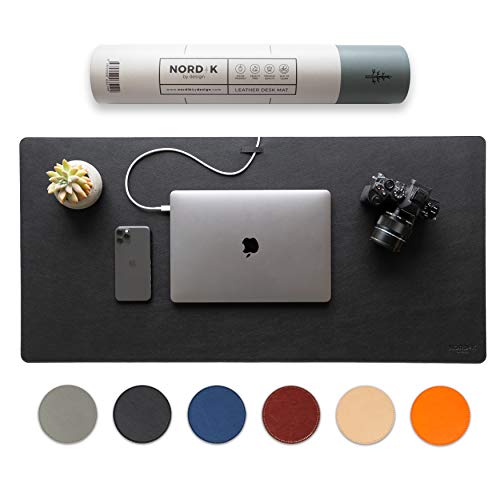 Nordik Leather Desk Mat & Cable Organizer - Pebble Black, 35 x 17 inches